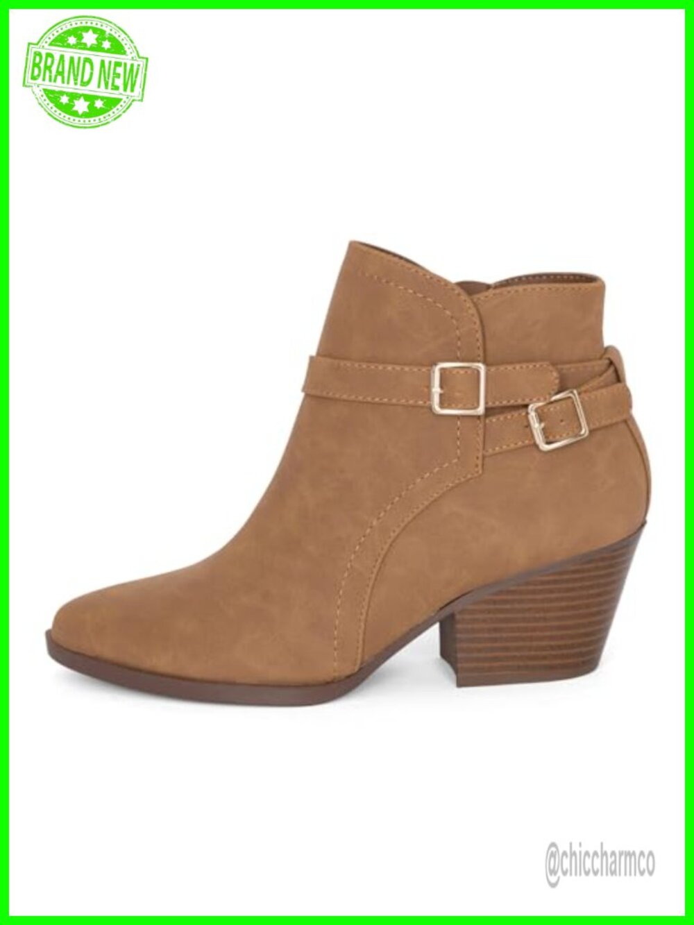 Pointy Toe Double Buckle Stacked Heel Ankle Boots